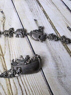 Vintage AJC Pewter Noah's Ark  7" Bracelet and  3" Brooch
